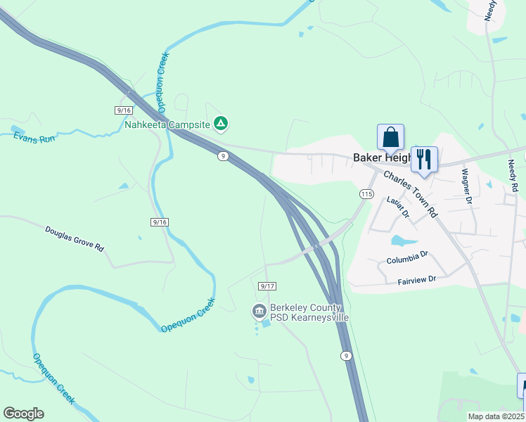 map of restaurants, bars, coffee shops, grocery stores, and more near Opequon Lane in Berkeley County