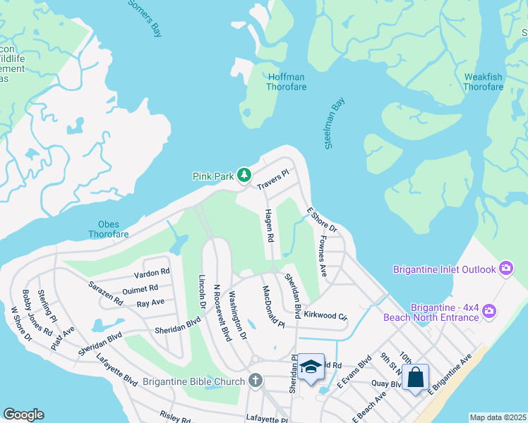map of restaurants, bars, coffee shops, grocery stores, and more near 222 Hagen Road in Brigantine