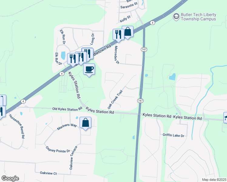 map of restaurants, bars, coffee shops, grocery stores, and more near 4770 Springwood Court in Butler County