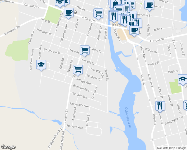 map of restaurants, bars, coffee shops, grocery stores, and more near 45 Institute Place in Bridgeton