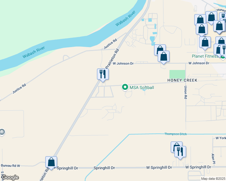map of restaurants, bars, coffee shops, grocery stores, and more near 3788 South Wellington Place in Terre Haute