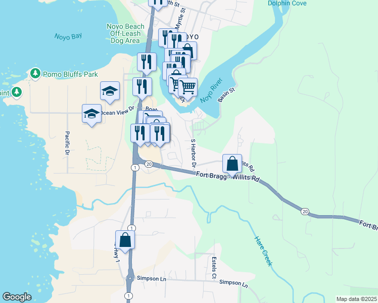 map of restaurants, bars, coffee shops, grocery stores, and more near 19171 South Harbor Drive in Fort Bragg
