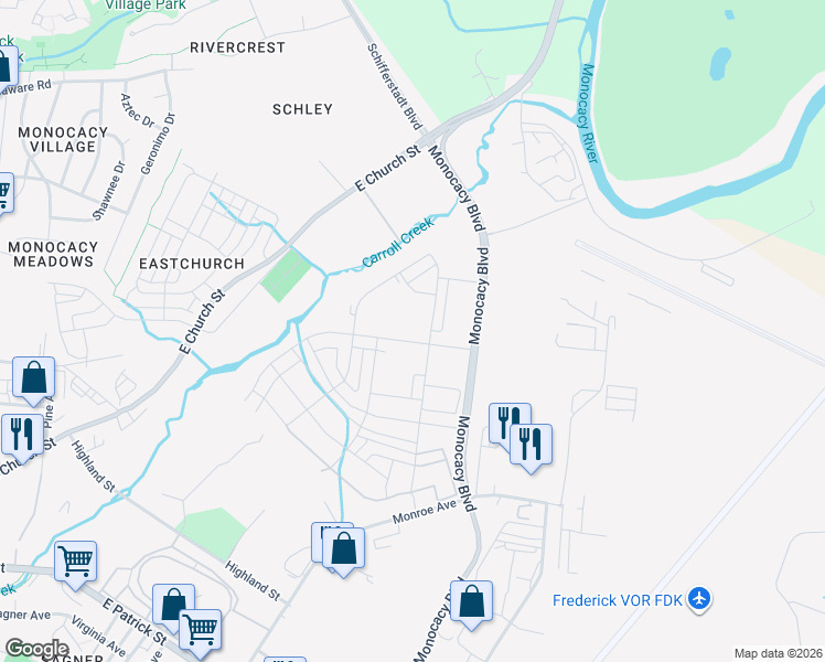 map of restaurants, bars, coffee shops, grocery stores, and more near Farm Lane in Frederick