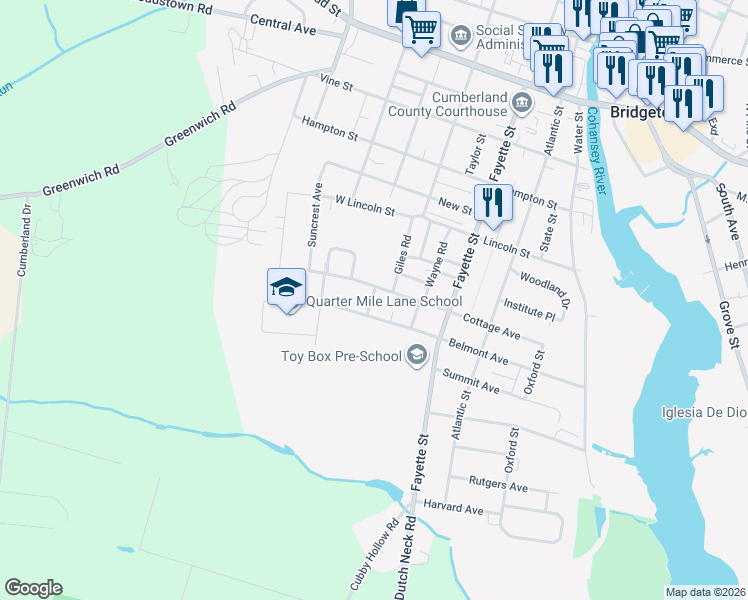 map of restaurants, bars, coffee shops, grocery stores, and more near 202 Belmont Avenue in Bridgeton