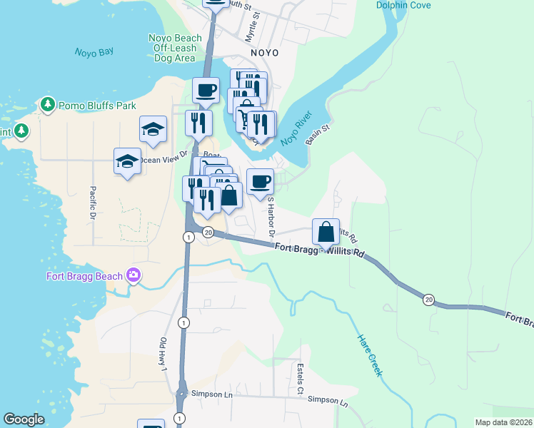 map of restaurants, bars, coffee shops, grocery stores, and more near 19171 South Harbor Drive in Fort Bragg