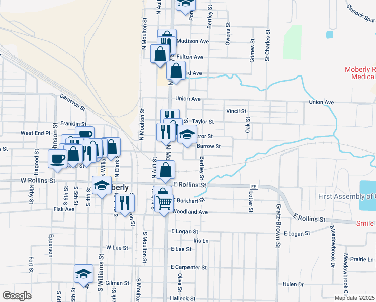 map of restaurants, bars, coffee shops, grocery stores, and more near 200 Porter Street in Moberly