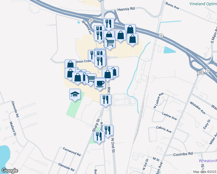 map of restaurants, bars, coffee shops, grocery stores, and more near 2102 North 2nd Street in Millville