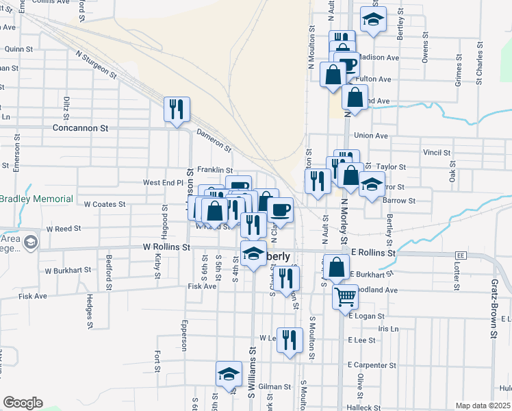 map of restaurants, bars, coffee shops, grocery stores, and more near 300 North Williams Street in Moberly