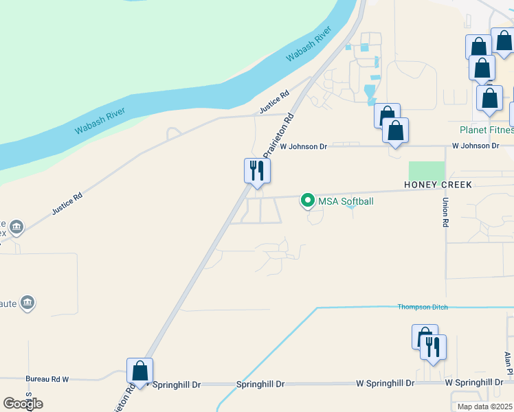 map of restaurants, bars, coffee shops, grocery stores, and more near 3704 West Jones Drive in Terre Haute