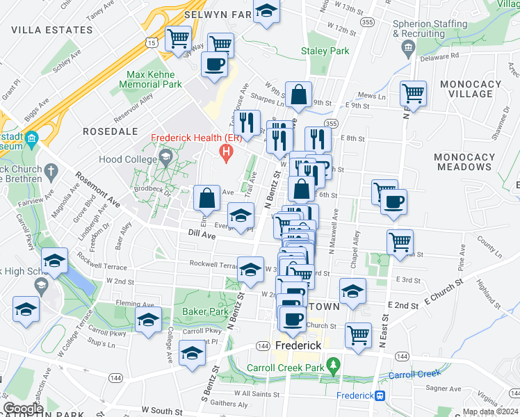 map of restaurants, bars, coffee shops, grocery stores, and more near 205 West 5th Street in Frederick