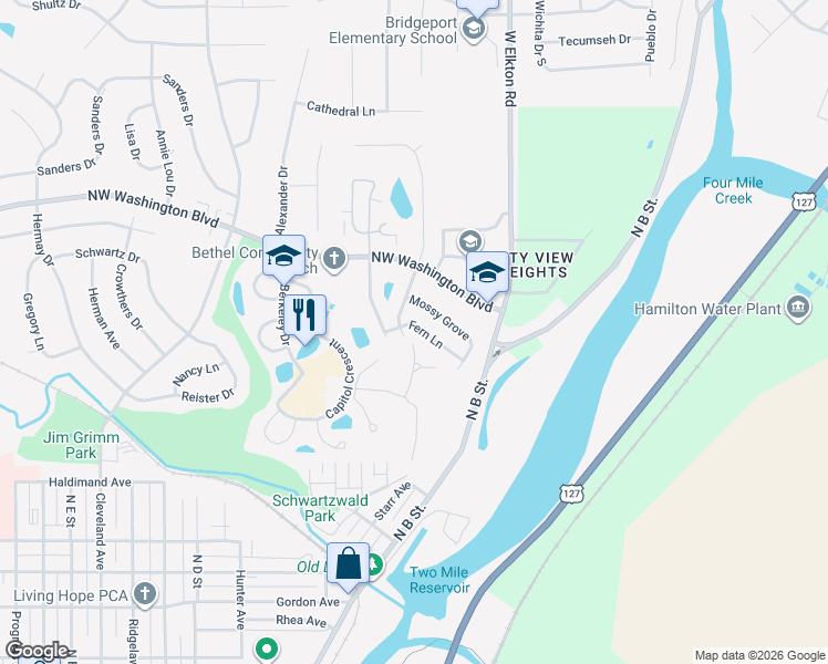 map of restaurants, bars, coffee shops, grocery stores, and more near 2217 Fern Lane in Hamilton