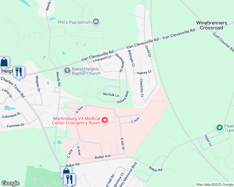 map of restaurants, bars, coffee shops, grocery stores, and more near 141 Norfolk Lane in Martinsburg