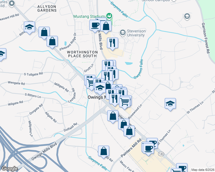 map of restaurants, bars, coffee shops, grocery stores, and more near 10450 Owings Mills Boulevard in Owings Mills
