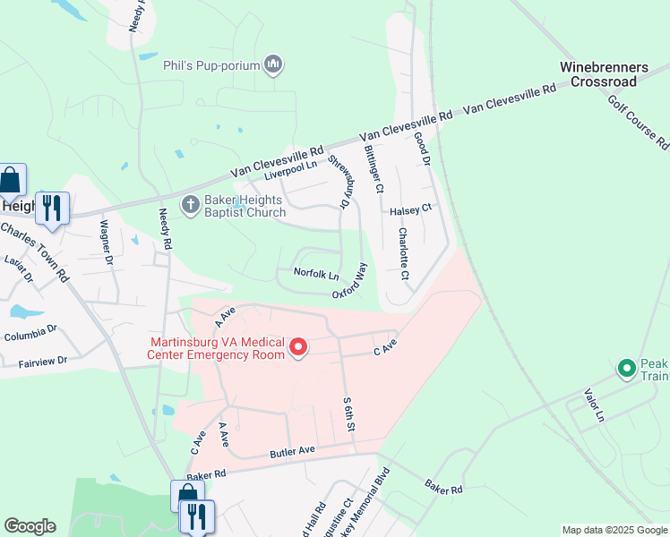 map of restaurants, bars, coffee shops, grocery stores, and more near 141 Norfolk Lane in Martinsburg