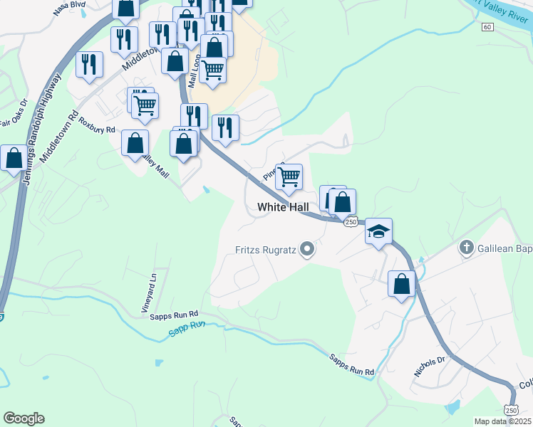 map of restaurants, bars, coffee shops, grocery stores, and more near White Hall Boulevard in White Hall