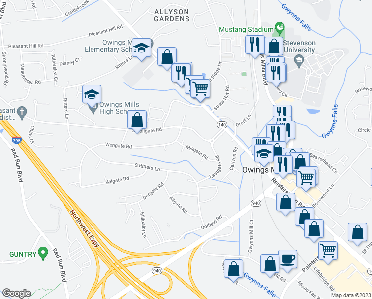 map of restaurants, bars, coffee shops, grocery stores, and more near 21 Millgate Road in Owings Mills