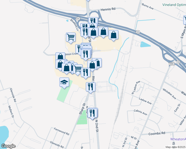 map of restaurants, bars, coffee shops, grocery stores, and more near 2124 North 2nd Street in Millville