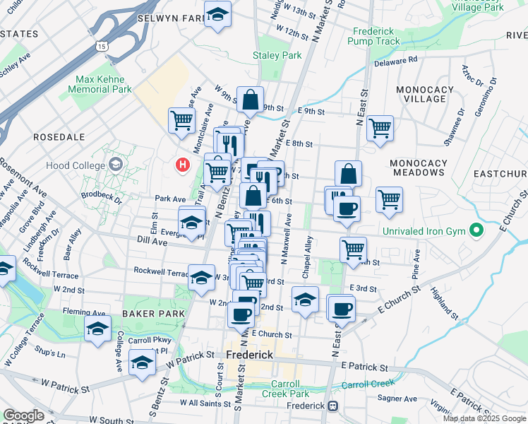 map of restaurants, bars, coffee shops, grocery stores, and more near 520 North Market Street in Frederick