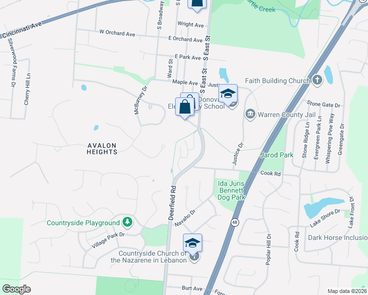 map of restaurants, bars, coffee shops, grocery stores, and more near 1111 Deerfield Road in Lebanon