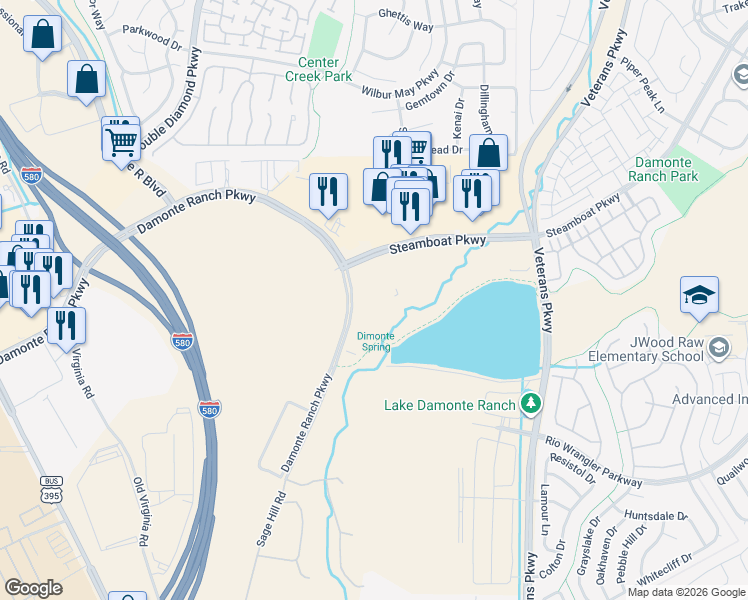 map of restaurants, bars, coffee shops, grocery stores, and more near 1160 Damonte Ranch Parkway in Reno