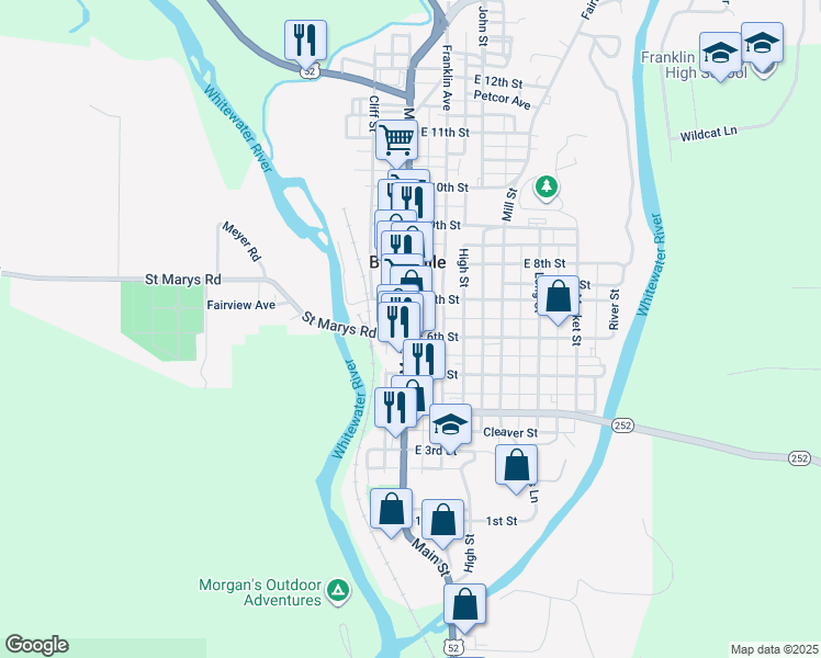 map of restaurants, bars, coffee shops, grocery stores, and more near 647 Main Street in Brookville