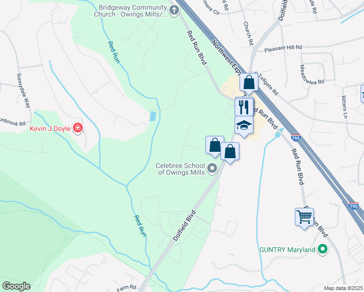map of restaurants, bars, coffee shops, grocery stores, and more near 10 Easter Court in Owings Mills