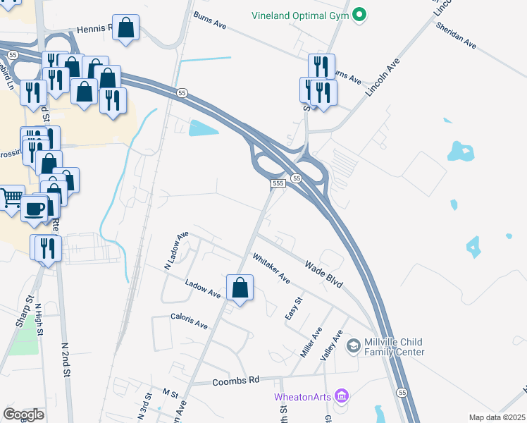 map of restaurants, bars, coffee shops, grocery stores, and more near 8360 South Main Road in Millville