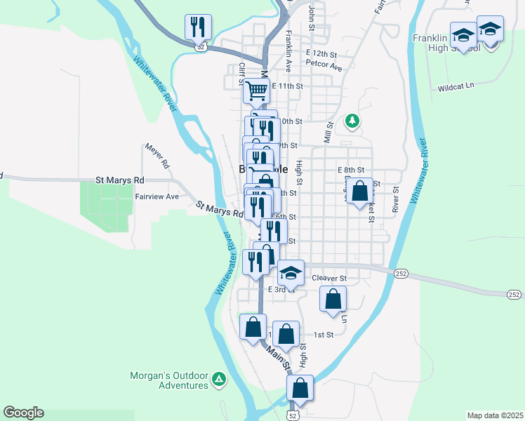 map of restaurants, bars, coffee shops, grocery stores, and more near 647 Main Street in Brookville