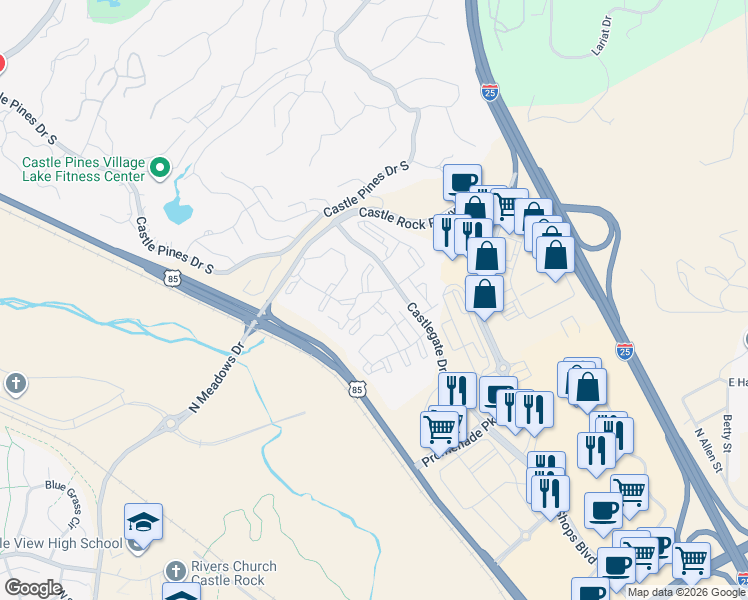map of restaurants, bars, coffee shops, grocery stores, and more near 6225 Castlegate Drive West in Castle Rock