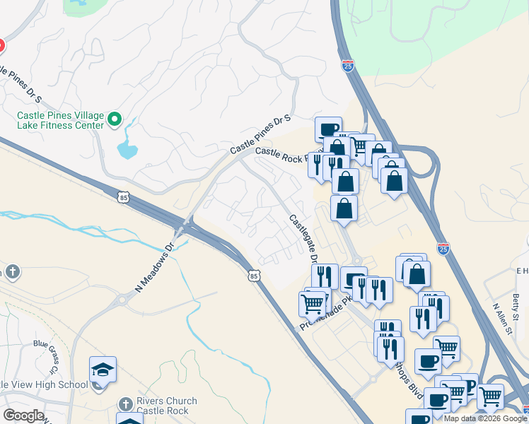 map of restaurants, bars, coffee shops, grocery stores, and more near 6221 Castlegate Drive West in Castle Rock