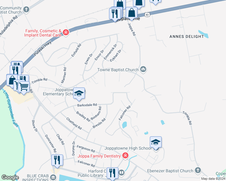 map of restaurants, bars, coffee shops, grocery stores, and more near 612 Baldwin Drive in Harford County