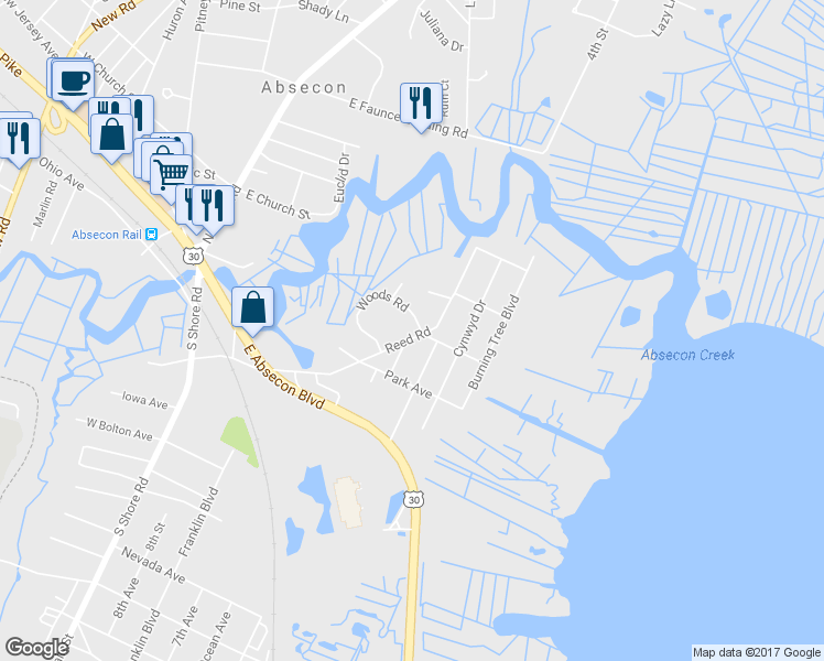 map of restaurants, bars, coffee shops, grocery stores, and more near 101 Woods Road in Absecon