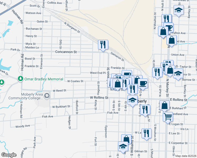 map of restaurants, bars, coffee shops, grocery stores, and more near 317 Hagood Street in Moberly