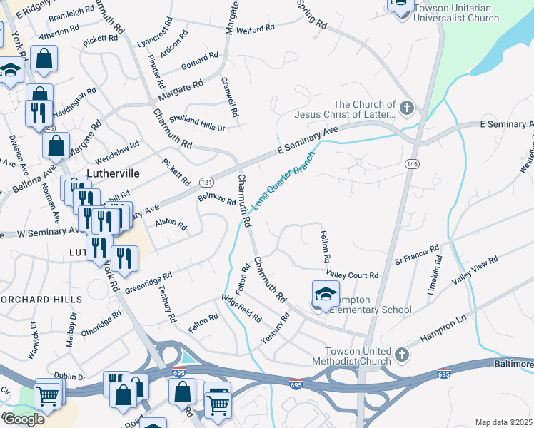 map of restaurants, bars, coffee shops, grocery stores, and more near 1307 Felton Court in Lutherville-Timonium