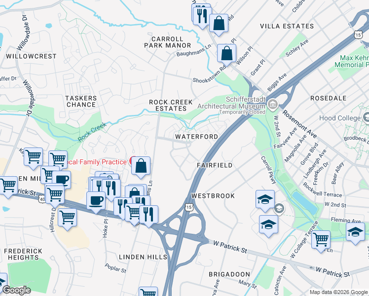 map of restaurants, bars, coffee shops, grocery stores, and more near 802 Gabriel Court in Frederick