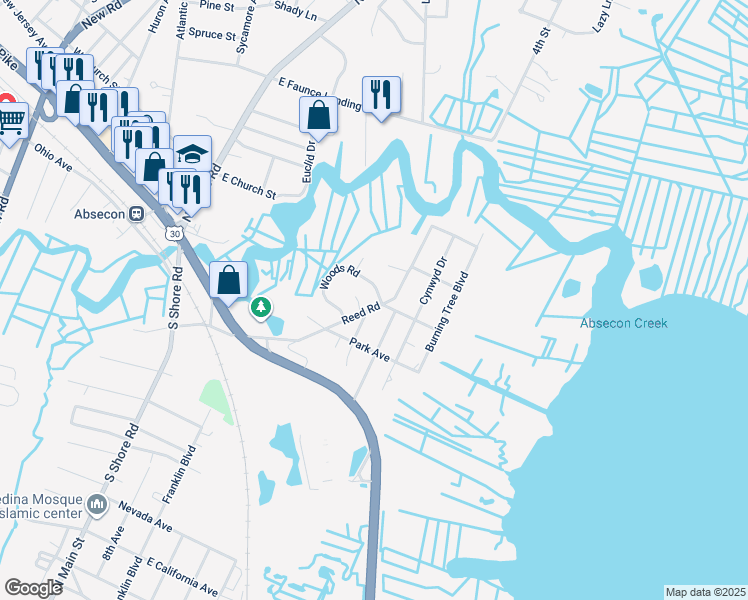 map of restaurants, bars, coffee shops, grocery stores, and more near 101 Woods Road in Absecon