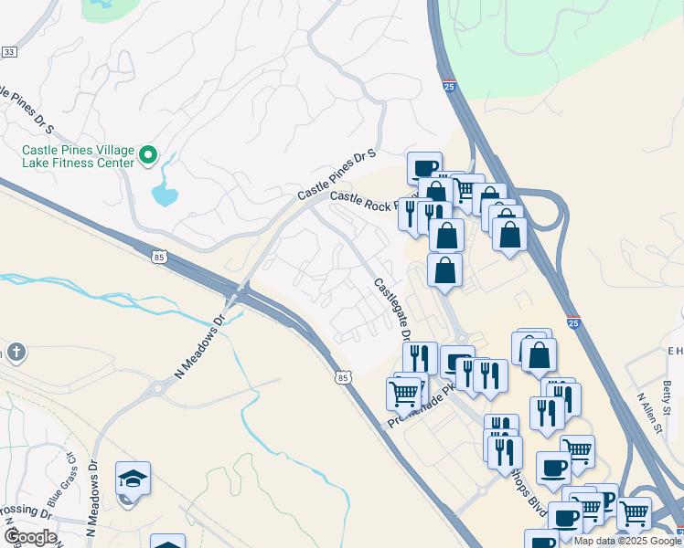 map of restaurants, bars, coffee shops, grocery stores, and more near 6221 Castlegate Drive West in Castle Rock