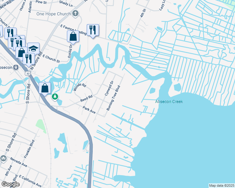 map of restaurants, bars, coffee shops, grocery stores, and more near 304 Burning Tree Boulevard in Absecon