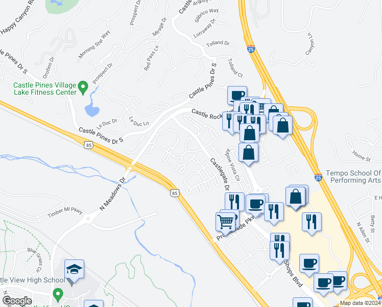 map of restaurants, bars, coffee shops, grocery stores, and more near 6225 Castlegate Drive West in Castle Rock