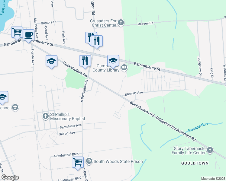 map of restaurants, bars, coffee shops, grocery stores, and more near 653 Buckshutem Road in Bridgeton