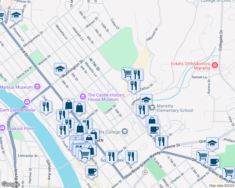 map of restaurants, bars, coffee shops, grocery stores, and more near 339 North 7th Street in Marietta