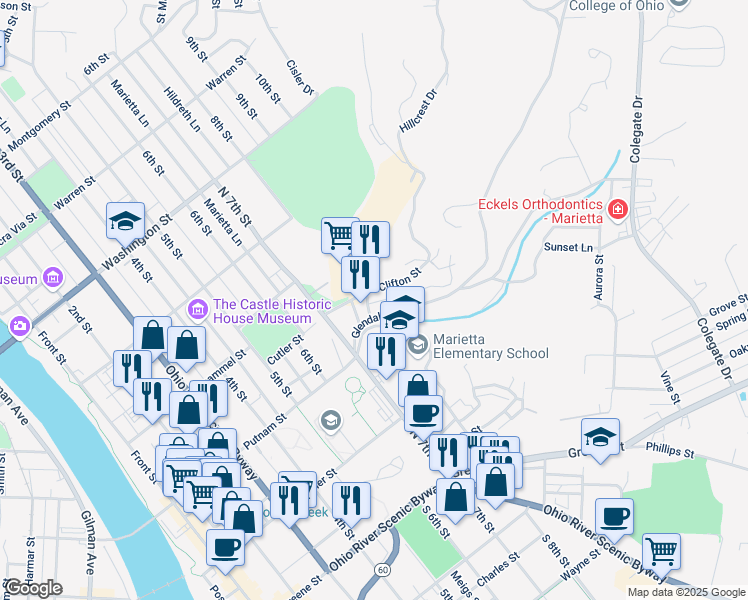 map of restaurants, bars, coffee shops, grocery stores, and more near 808 Clifton Street in Marietta