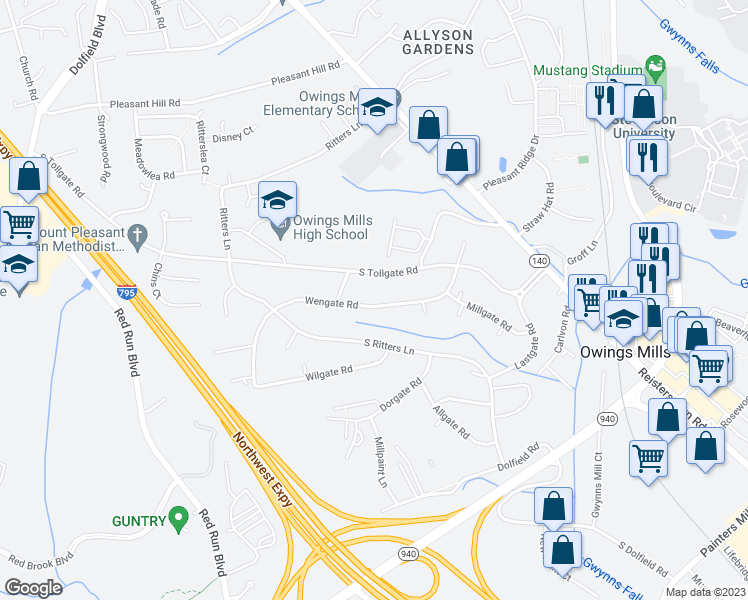 map of restaurants, bars, coffee shops, grocery stores, and more near 34 Wengate Road in Owings Mills