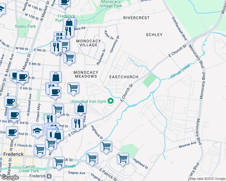 map of restaurants, bars, coffee shops, grocery stores, and more near 521 East 7th Street in Frederick