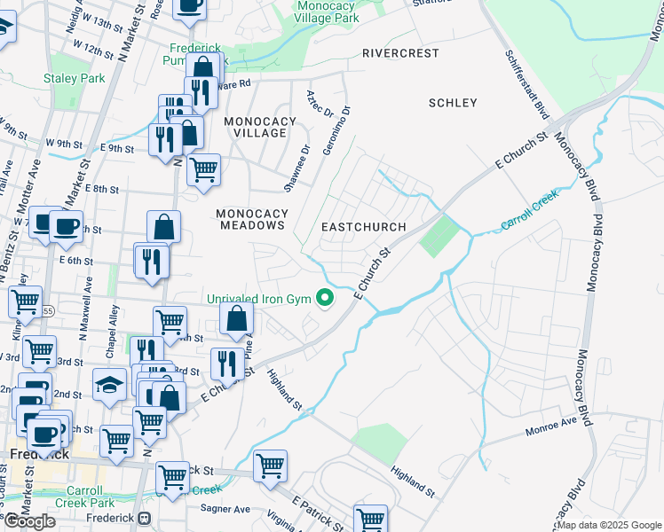 map of restaurants, bars, coffee shops, grocery stores, and more near 521 East 7th Street in Frederick