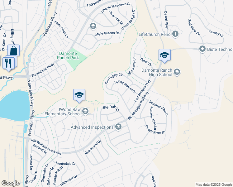 map of restaurants, bars, coffee shops, grocery stores, and more near 10687 Fire Poppy Circle in Reno