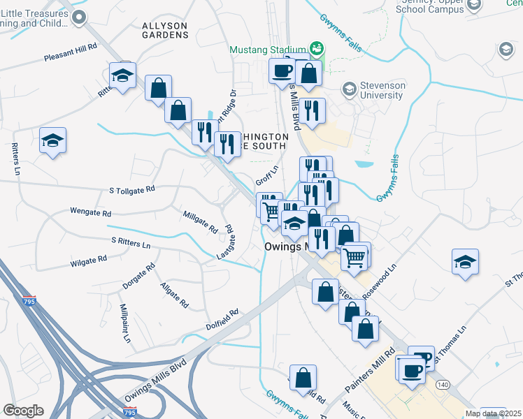 map of restaurants, bars, coffee shops, grocery stores, and more near 10525 Reisterstown Road in Owings Mills