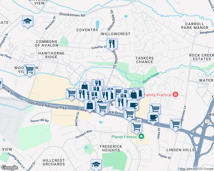 map of restaurants, bars, coffee shops, grocery stores, and more near 126 Willowdale Dr in Frederick