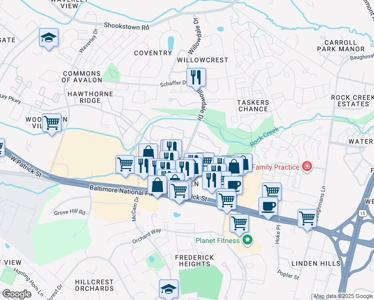 map of restaurants, bars, coffee shops, grocery stores, and more near 124 Willowdale Drive in Frederick