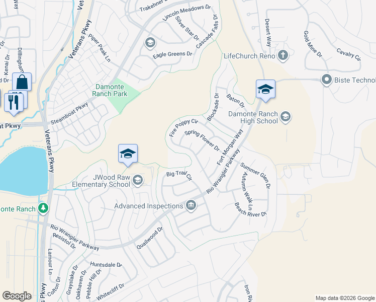 map of restaurants, bars, coffee shops, grocery stores, and more near 10687 Fire Poppy Circle in Reno